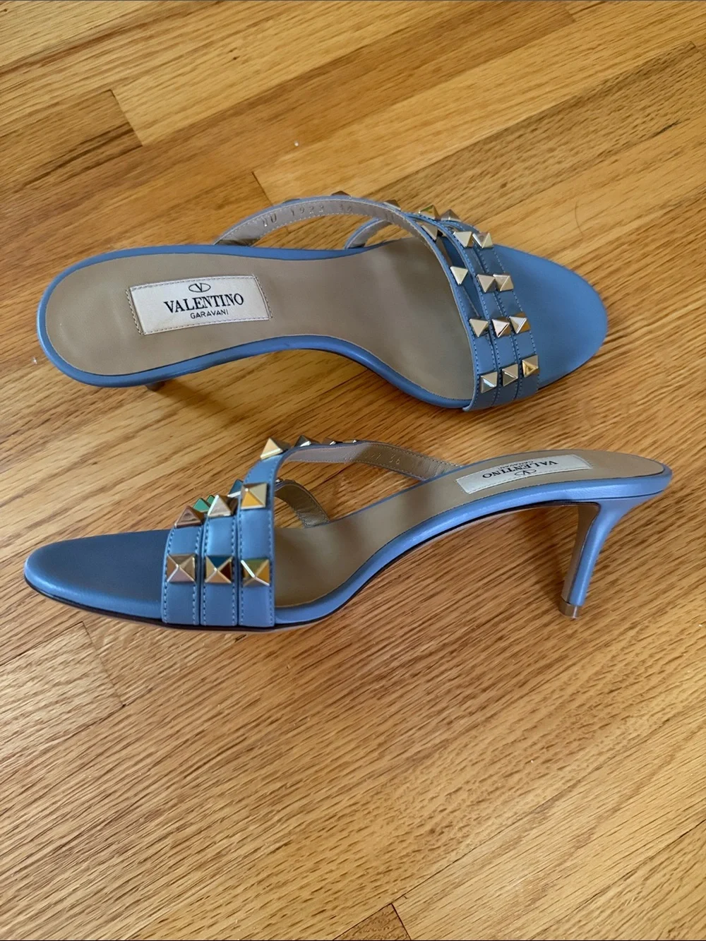 Valentino Light Blue Rockstud Leather Slingback Heel Sandals